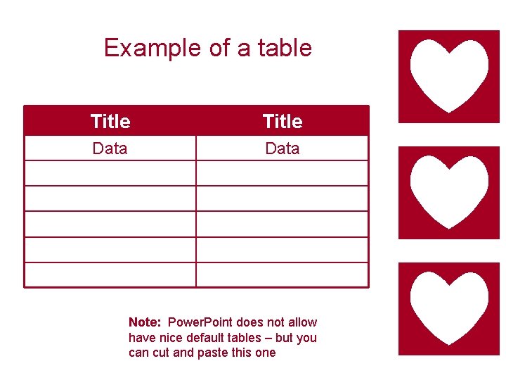 Example of a table Title Data Note: Power. Point does not allow have nice