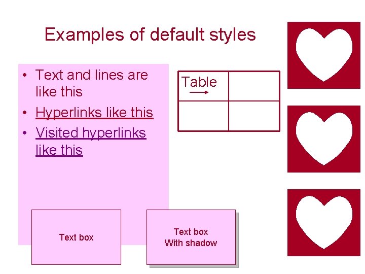 Examples of default styles • Text and lines are like this • Hyperlinks like