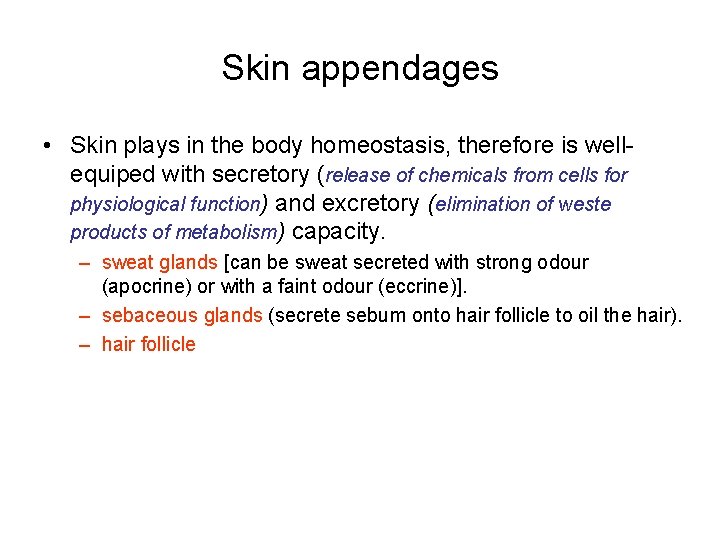 Skin appendages • Skin plays in the body homeostasis, therefore is wellequiped with secretory