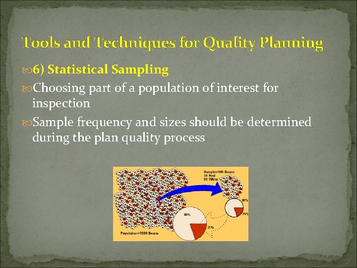 Tools and Techniques for Quality Planning 6) Statistical Sampling Choosing part of a population