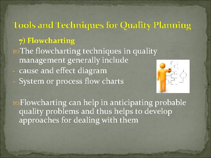 Tools and Techniques for Quality Planning 7) Flowcharting The flowcharting techniques in quality management