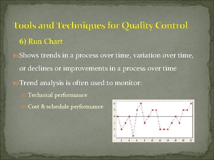 Tools and Techniques for Quality Control 6) Run Chart Shows trends in a process