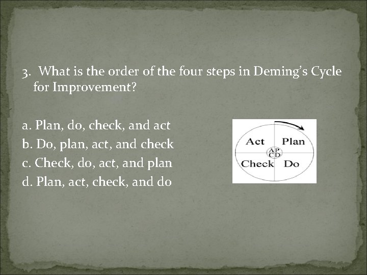 3. What is the order of the four steps in Deming’s Cycle for Improvement?