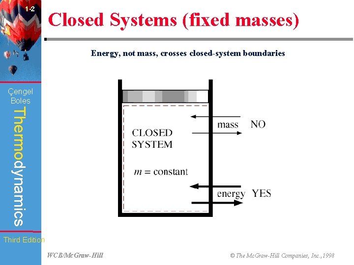 1 -2 Closed Systems (fixed masses) Energy, not mass, crosses closed-system boundaries (Fig. 1