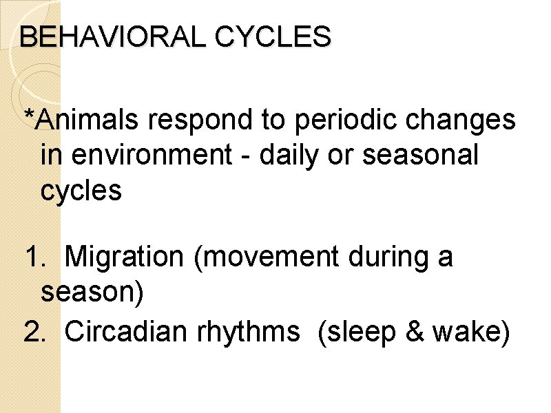 BEHAVIORAL CYCLES *Animals respond to periodic changes in environment - daily or seasonal cycles