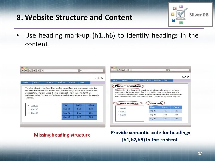 8. Website Structure and Content Silver 08 • Use heading mark-up (h 1. .