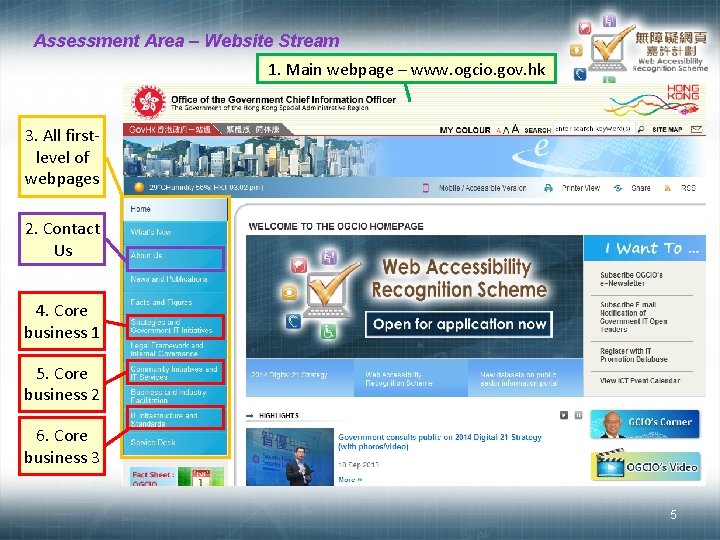 Assessment Area – Website Stream 1. Main webpage – www. ogcio. gov. hk 3.