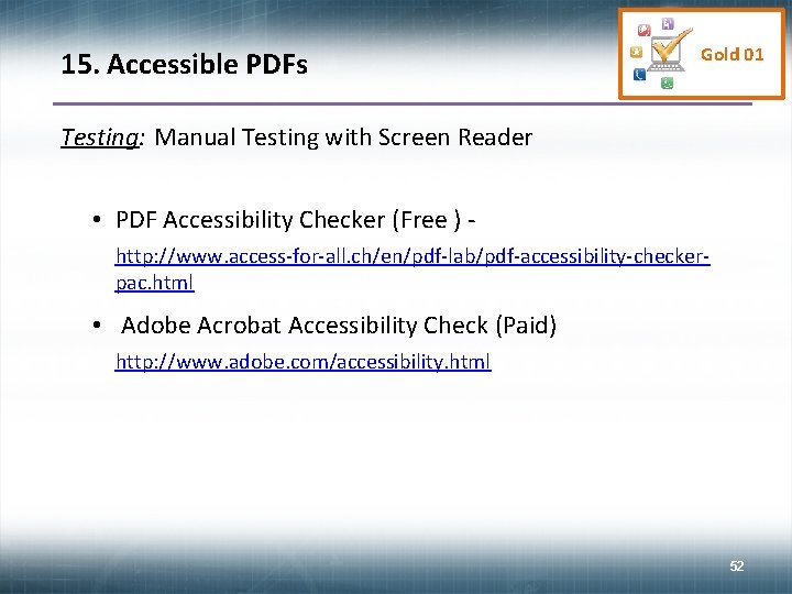 15. Accessible PDFs Gold 01 Testing: Manual Testing with Screen Reader • PDF Accessibility