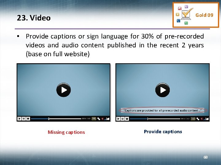 Gold 09 23. Video • Provide captions or sign language for 30% of pre-recorded