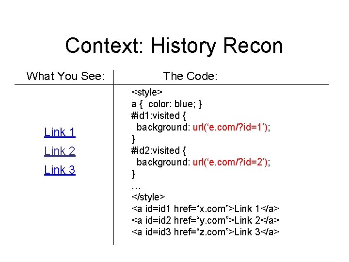 Context: History Recon What You See: Link 1 Link 2 Link 3 The Code: