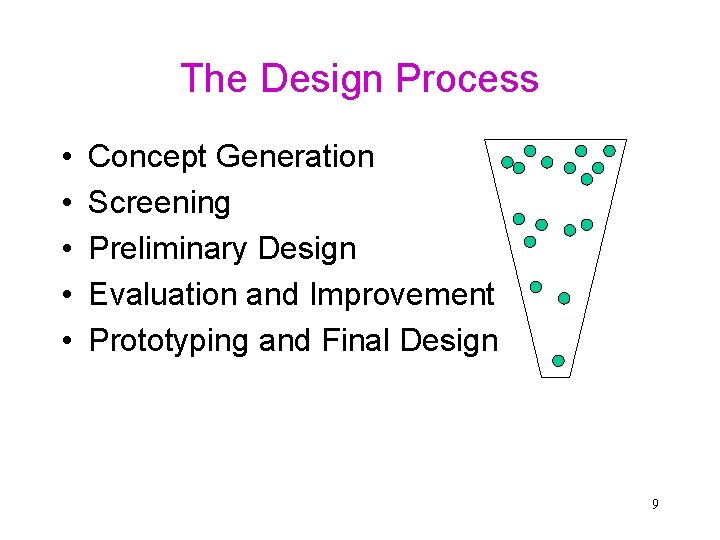 The Design Process • • • Concept Generation Screening Preliminary Design Evaluation and Improvement