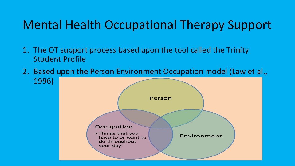 Mental Health Occupational Therapy Support 1. The OT support process based upon the tool