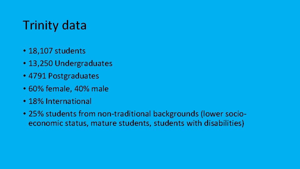 Trinity data • 18, 107 students • 13, 250 Undergraduates • 4791 Postgraduates •