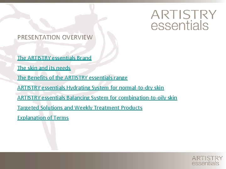 PRESENTATION OVERVIEW The ARTISTRY essentials Brand The skin and its needs The Benefits of