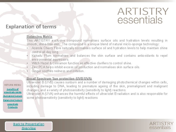 Explanation of terms Balancing Matrix This ARTISTRY exclusive compound normalises surface oils and hydration