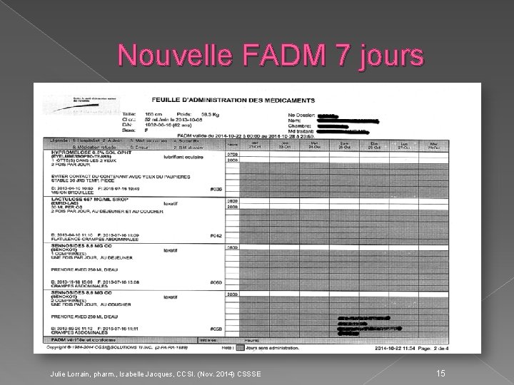 Nouvelle FADM 7 jours Julie Lorrain, pharm. , Isabelle Jacques, CCSI. (Nov. 2014) CSSSE