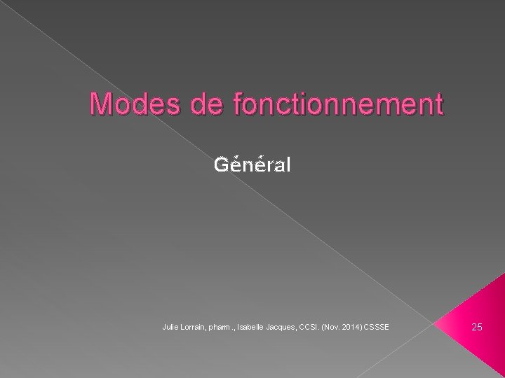 Modes de fonctionnement Général Julie Lorrain, pharm. , Isabelle Jacques, CCSI. (Nov. 2014) CSSSE