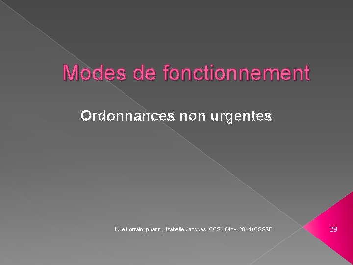 Modes de fonctionnement Ordonnances non urgentes Julie Lorrain, pharm. , Isabelle Jacques, CCSI. (Nov.