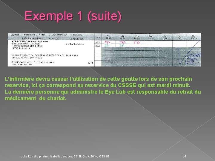 Exemple 1 (suite) L’infirmière devra cesser l’utilisation de cette goutte lors de son prochain