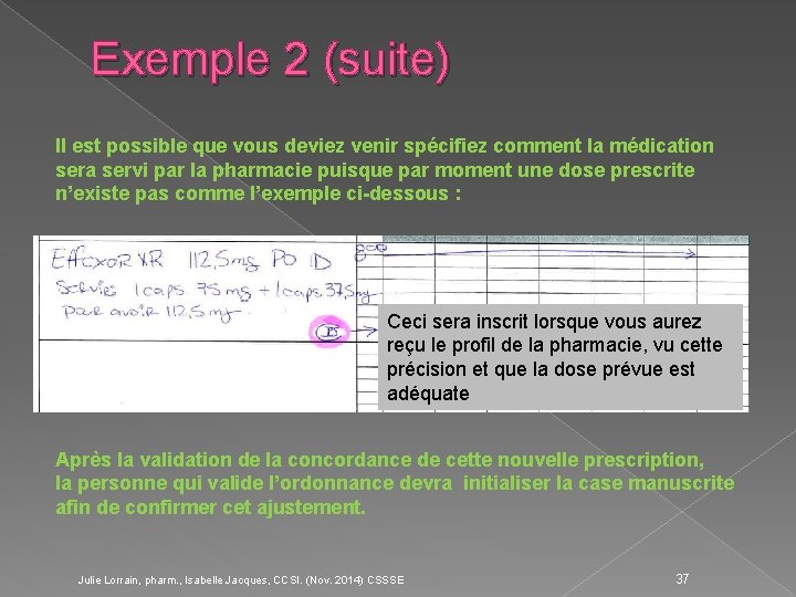 Exemple 2 (suite) Il est possible que vous deviez venir spécifiez comment la médication