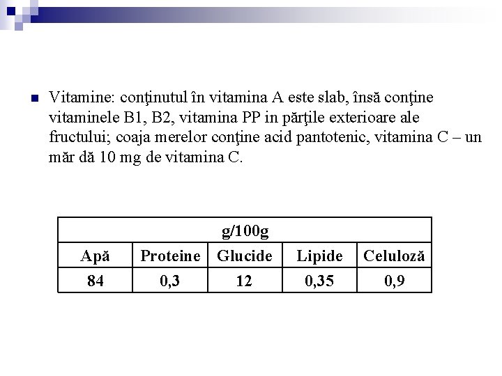 n Vitamine: conţinutul în vitamina A este slab, însă conţine vitaminele B 1, B n Vitamine: conţinutul în vitamina A este slab, însă conţine vitaminele B 1, B