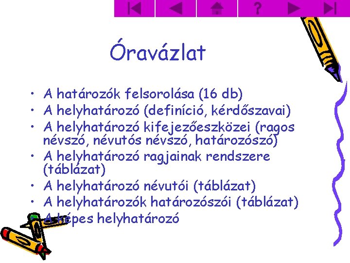 Óravázlat • A határozók felsorolása (16 db) • A helyhatározó (definíció, kérdőszavai) • A