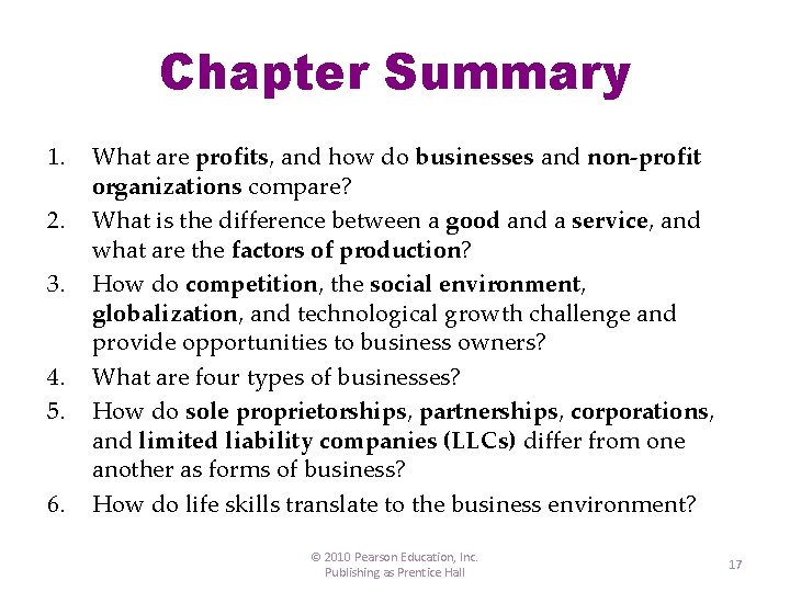Chapter Summary 1. 2. 3. 4. 5. 6. What are profits, and how do