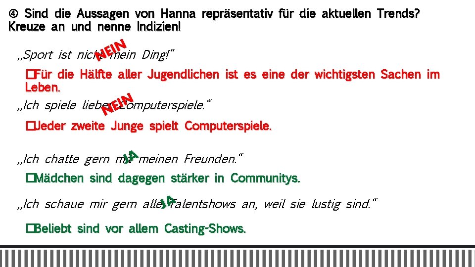  Sind die Aussagen von Hanna repräsentativ für die aktuellen Trends? Kreuze an und