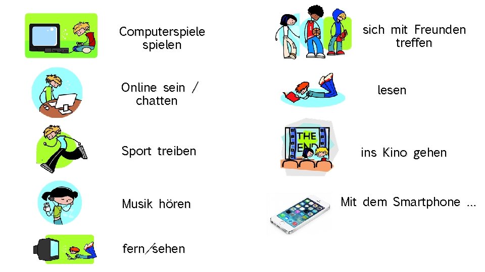 Computerspielen Online sein / chatten Sport treiben Musik hören fern/sehen sich mit Freunden treffen