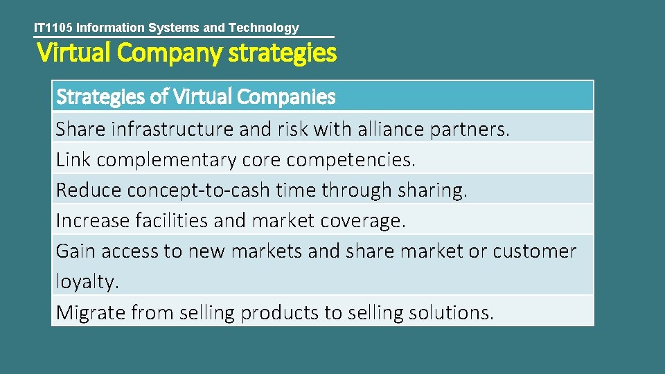 IT 1105 Information Systems and Technology Virtual Company strategies Strategies of Virtual Companies Share