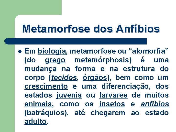 Metamorfose dos Anfíbios l Em biologia, metamorfose ou “alomorfia” (do grego metamórphosis) é uma