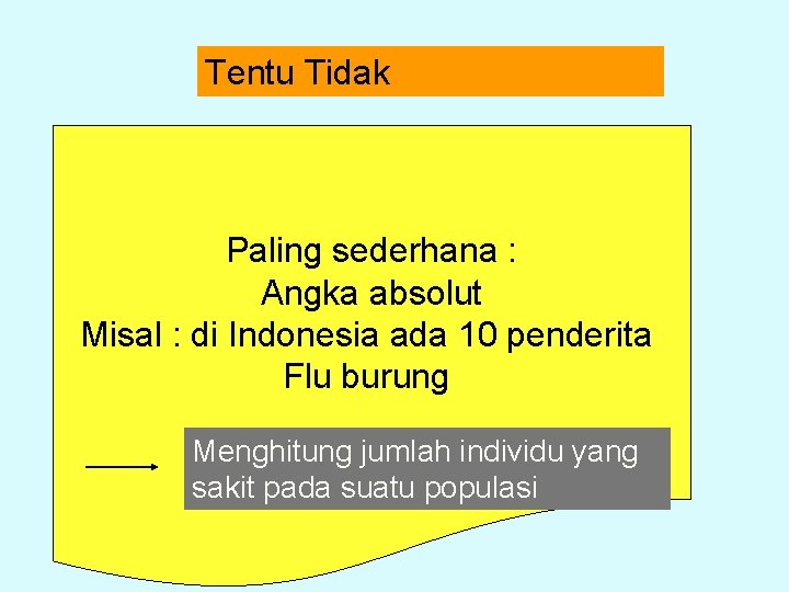 Tentu Tidak Paling sederhana : Angka absolut Misal : di Indonesia ada 10 penderita