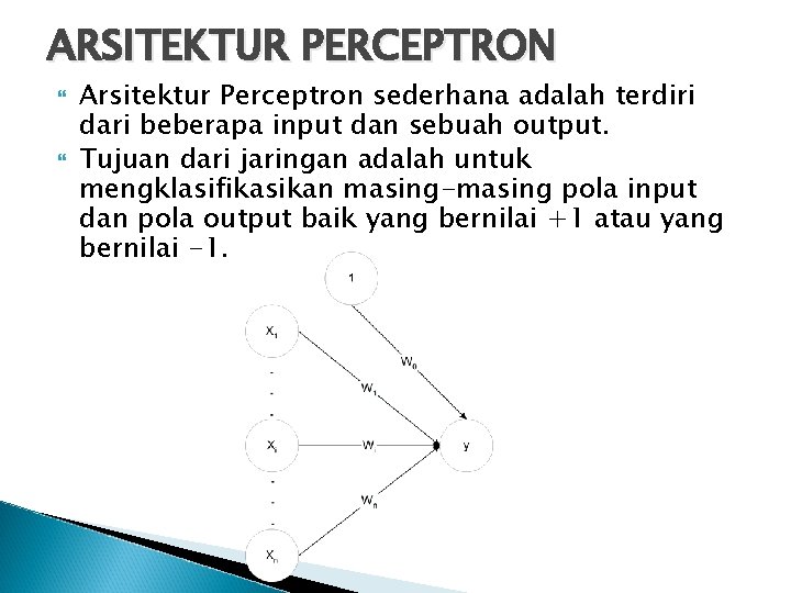 ARSITEKTUR PERCEPTRON Arsitektur Perceptron sederhana adalah terdiri dari beberapa input dan sebuah output. Tujuan