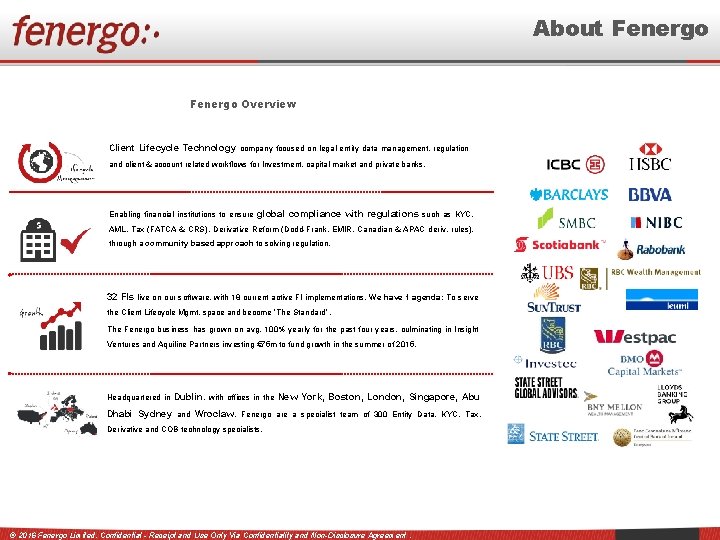 About Fenergo Overview Client Lifecycle Technology company focused on legal entity data management, regulation