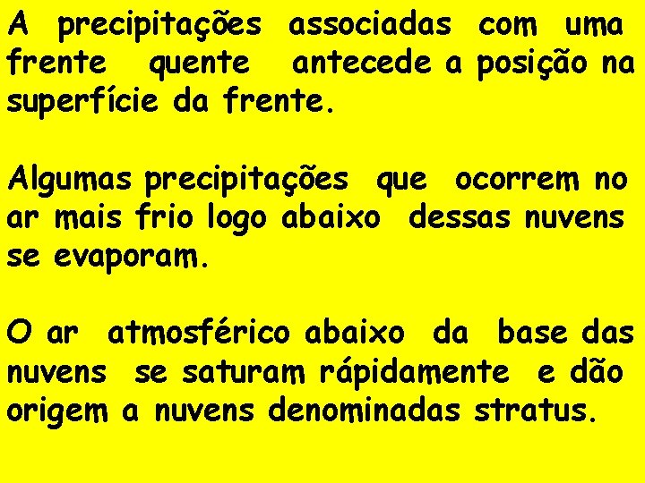 A precipitações associadas com uma frente quente antecede a posição na superfície da frente.