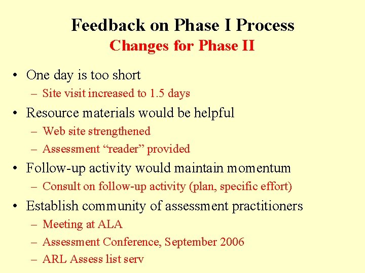 Feedback on Phase I Process Changes for Phase II • One day is too