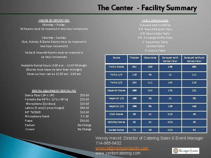 The Center - Facility Summary HOURS OF OPERATION Monday – Friday: All Rooms must