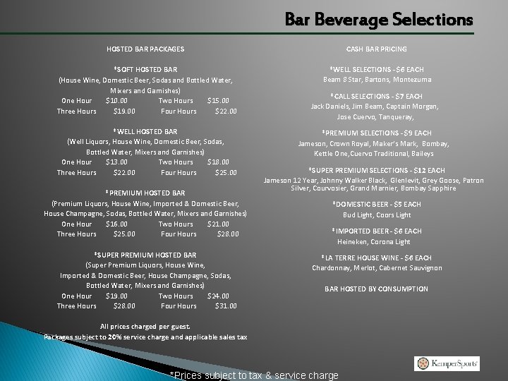 Bar Beverage Selections HOSTED BAR PACKAGES CASH BAR PRICING *SOFT HOSTED BAR (House Wine,