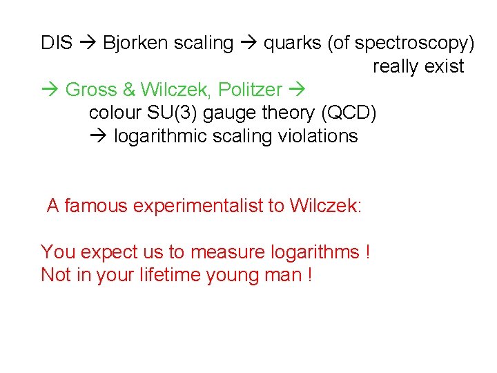 DIS Bjorken scaling quarks (of spectroscopy) really exist Gross & Wilczek, Politzer colour SU(3)