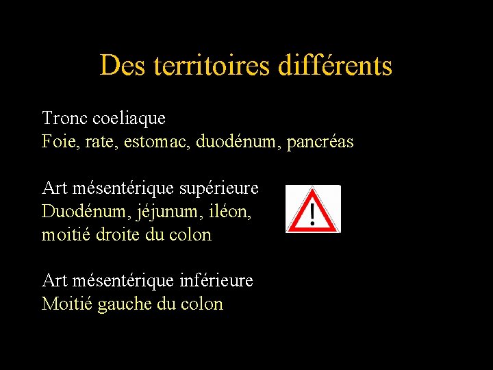 Des territoires différents Tronc coeliaque Foie, rate, estomac, duodénum, pancréas Art mésentérique supérieure Duodénum,