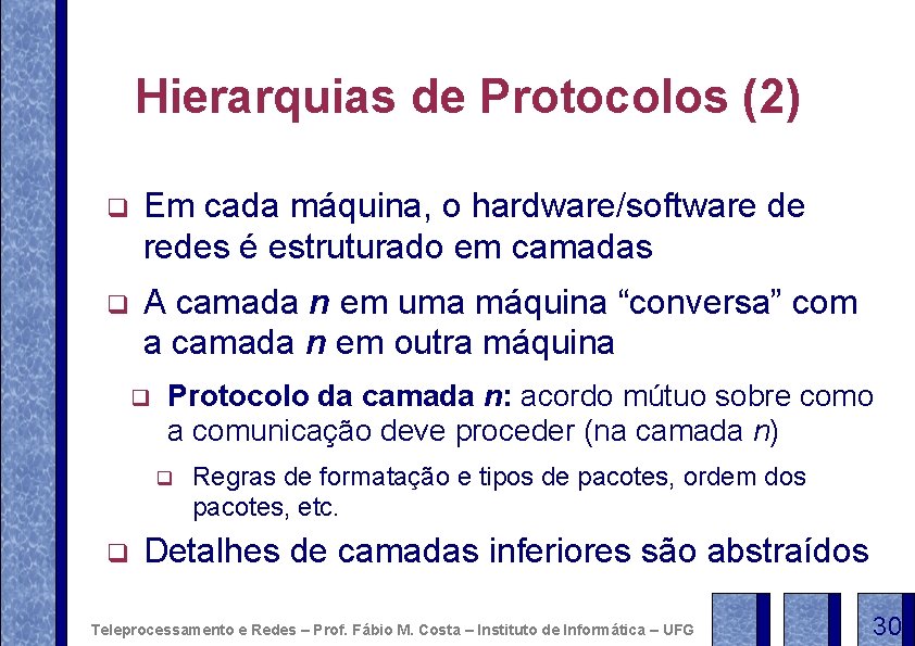 Hierarquias de Protocolos (2) q Em cada máquina, o hardware/software de redes é estruturado