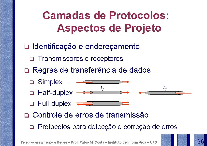 Camadas de Protocolos: Aspectos de Projeto q Identificação e endereçamento q q q Transmissores