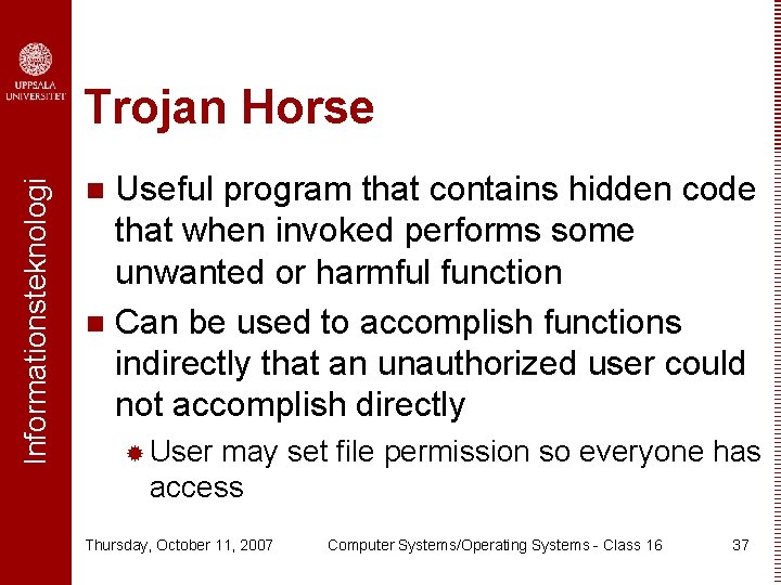 Informationsteknologi Trojan Horse Useful program that contains hidden code that when invoked performs some
