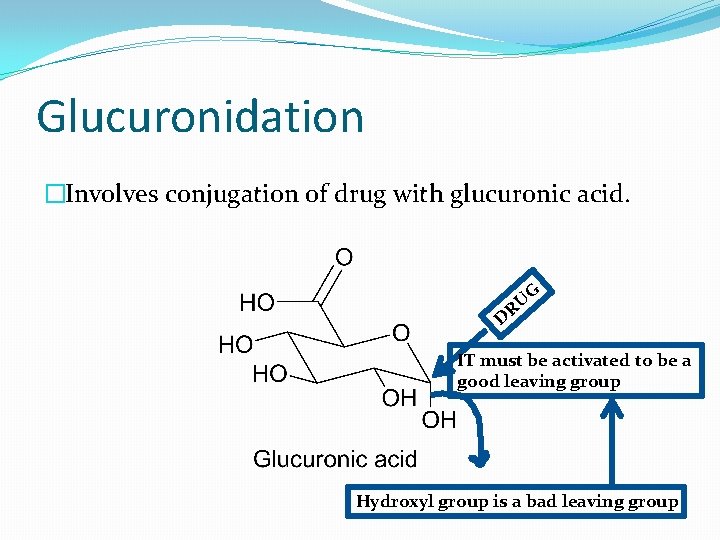 Glucuronidation �Involves conjugation of drug with glucuronic acid. G RU D IT must be