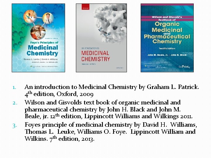 1. 2. 3. An introduction to Medicinal Chemistry by Graham L. Patrick. 4 th