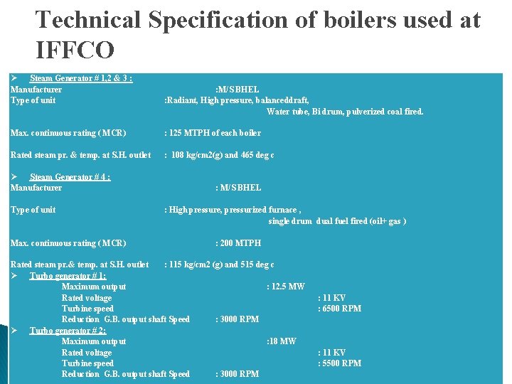 Technical Specification of boilers used at IFFCO Steam Generator # 1, 2 & 3