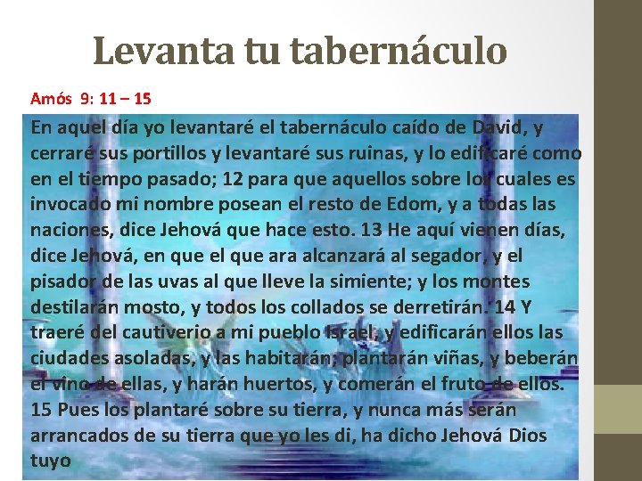 Levanta tu tabernáculo Amós 9: 11 – 15 En aquel día yo levantaré el