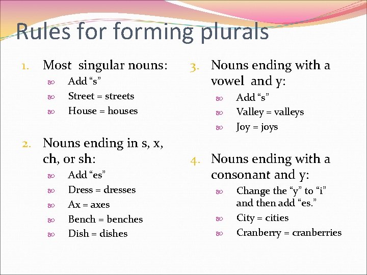 Rules forming plurals 1. Most singular nouns: Add “s” Street = streets House =