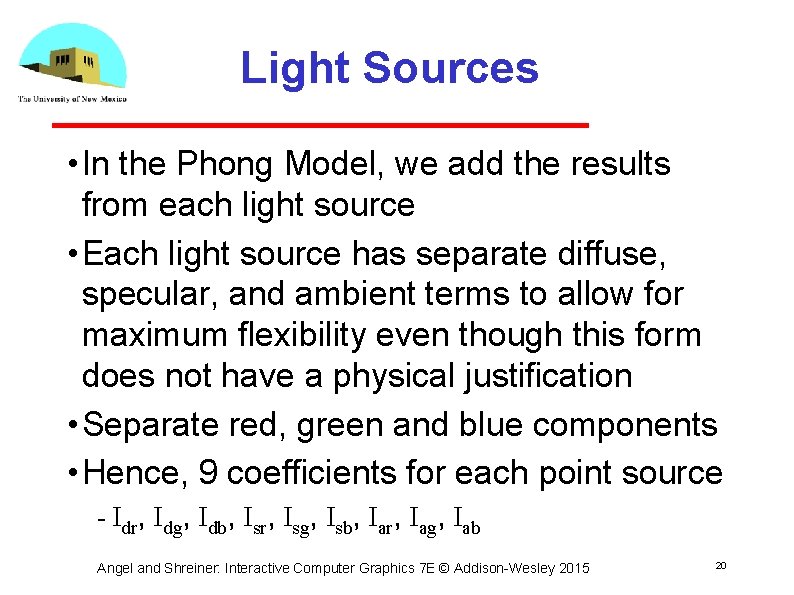 Light Sources • In the Phong Model, we add the results from each light