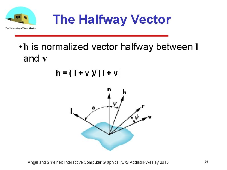 The Halfway Vector • h is normalized vector halfway between l and v h